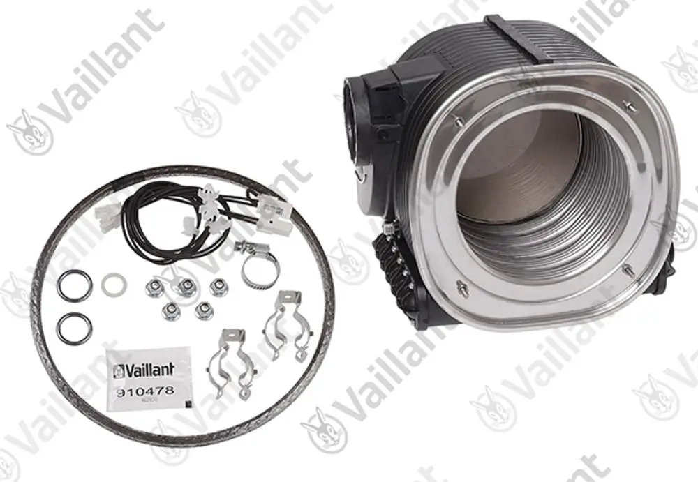 Vaillant Wärmetauscher mit mehreren Zubehörteilen, einschließlich Dichtungen, Ringen und Halterungen, zur Wärmeübertragung in Heizsystemen.